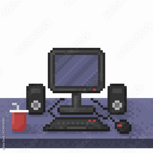 computer desk in pixel art for games