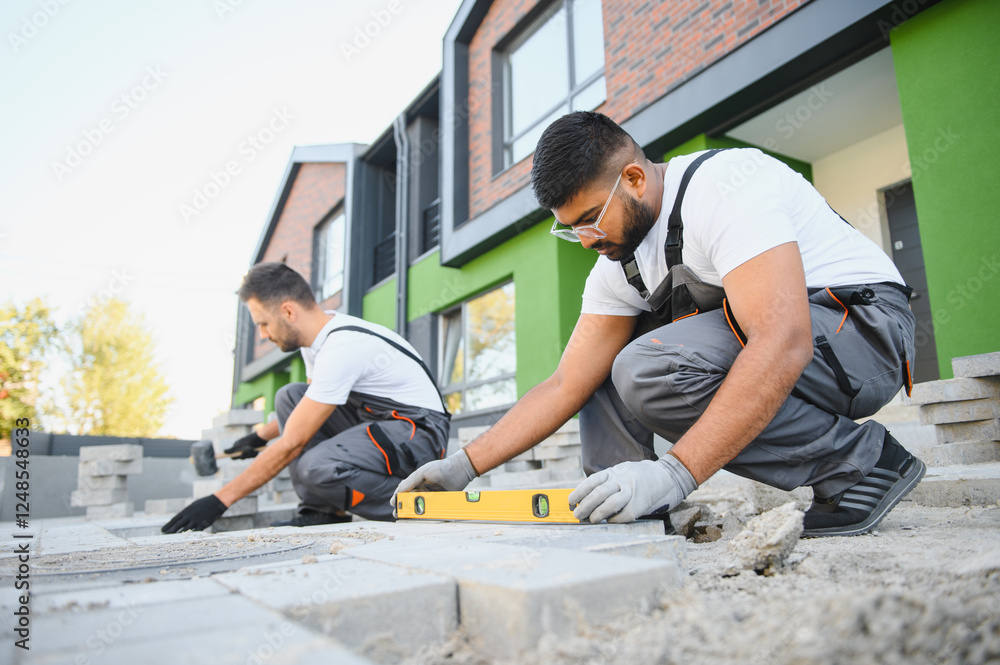 Indian Worker skillfully laying paving stones using a hammer and wearing gloves, showcasing precision Indian Worker skillfully laying paving stones using a hammer and wearing gloves, showcasing precision