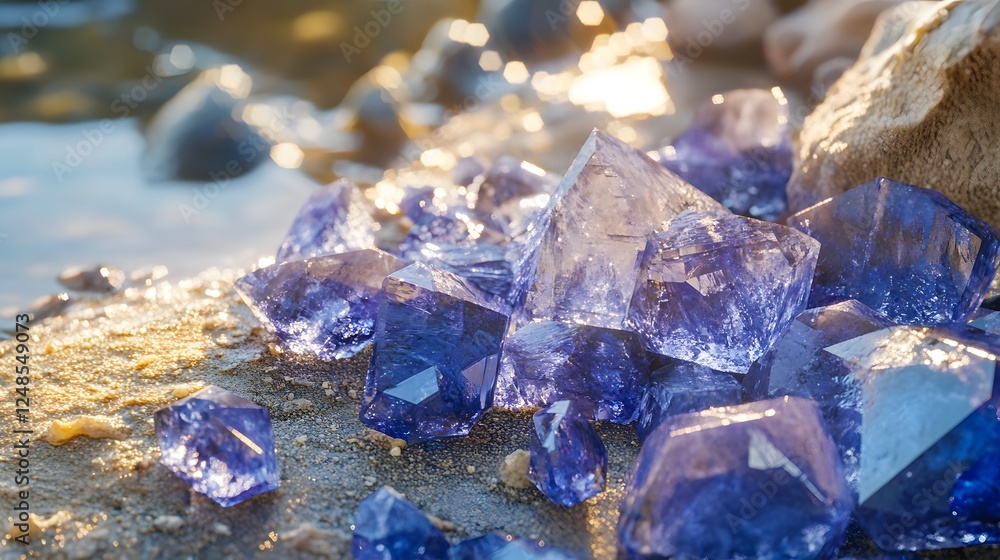 Enchanting Natural Landscape Showcasing a Collection of Benitoite Crystals on a Quartz Bed. Enchanting Natural Landscape Showcasing a Collection of Benitoite Crystals on a Quartz Bed.