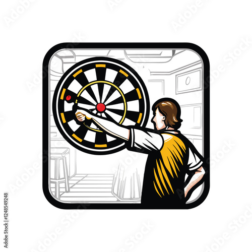 A focused darts player, wearing a yellow and black jersey, throws a dart with intense concentration.  Close-up shot emphasizing the action.