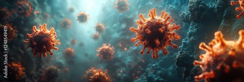 Microscopic View of Coronavirus, a Detailed 3D Render of the Virus Particles photo