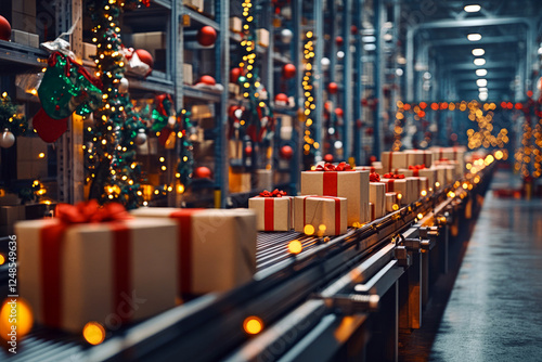 Holiday-themed warehouse with conveyor belts transporting wrapped gift packages photo