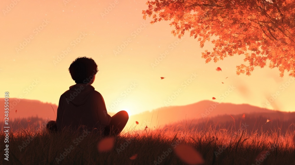 a person meditating in a peaceful, serene autumn landscape. a person meditating in a peaceful, serene autumn landscape.