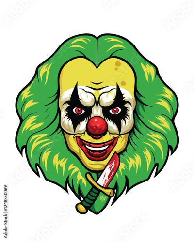 Render a terrifying demonic clown, his cracked white mask revealing unsettling features, in a deeply unsettling, high-resolution image.