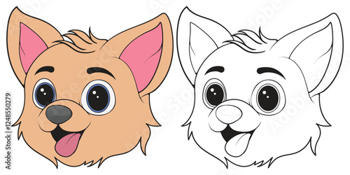 Bundling set Head Dog Character Illustration, Coloring Book Page with Dog, Isolated Head Dog with white Background.