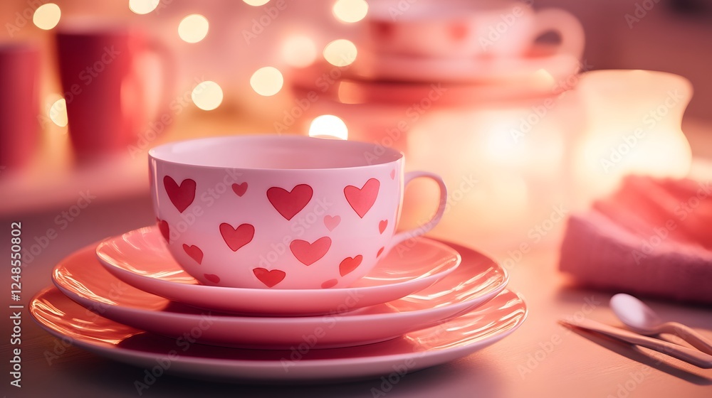 Heart-patterned teacup on pink saucer in candlelight Heart-patterned teacup on pink saucer in candlelight