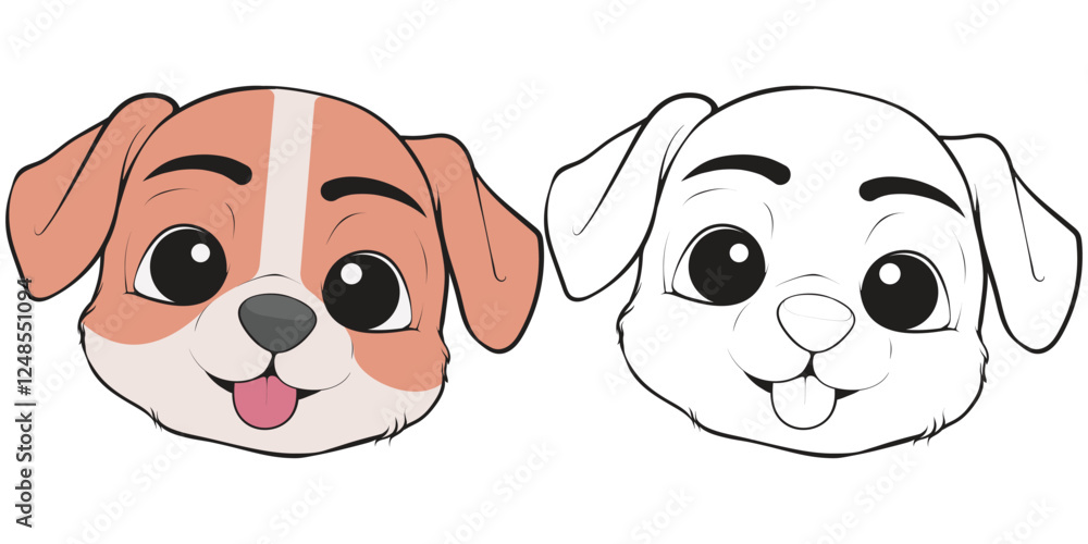 Bundling set Head Dog Character Illustration, Coloring Book Page with Dog, Isolated Head Dog with white Background.