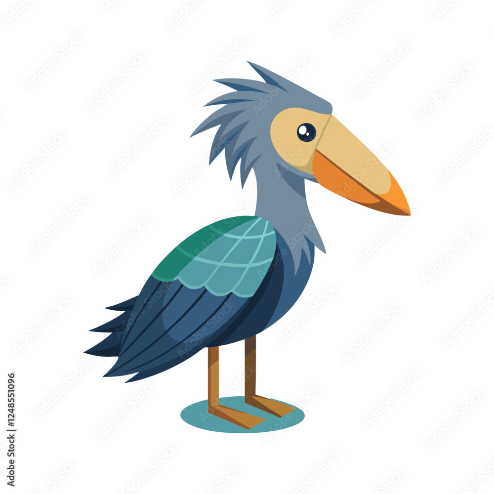Obraz premium Cartoon illustration of a shoebill bird with a large beak standing on a blue puddle