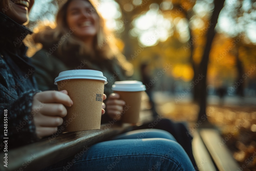 Two cheerful women enjoy coffee together in a beautiful autumn park setting. Two cheerful women enjoy coffee together in a beautiful autumn park setting.