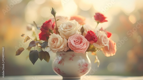 Bouquet of roses in a vase with blurred light