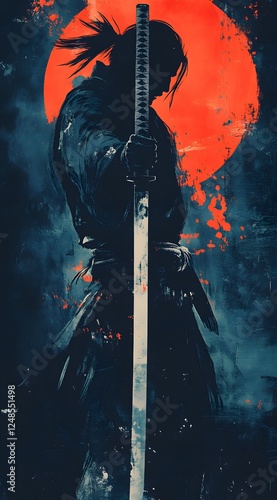 Samurai warriors with traditional katanas depicted in dynamic and dramatic poses, perfect for book covers, game design, or martial arts-themed projects, manga, anime