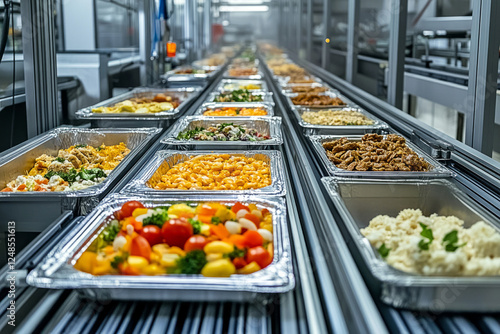 Meal trays on an industrial conveyor belt in a large-scale food production facility photo