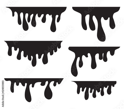 Silhouette splotch stock illustrations. Black aint dripping border set. Black dripping liquid for glasses. Paint flows abstract. Ink stain drop melt isolated on white background.
