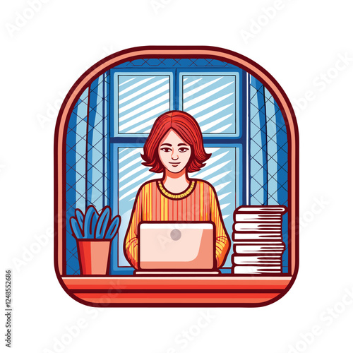 A focused female freelancer in a sunny yellow sweater, working diligently on her laptop at a minimalist home office desk.