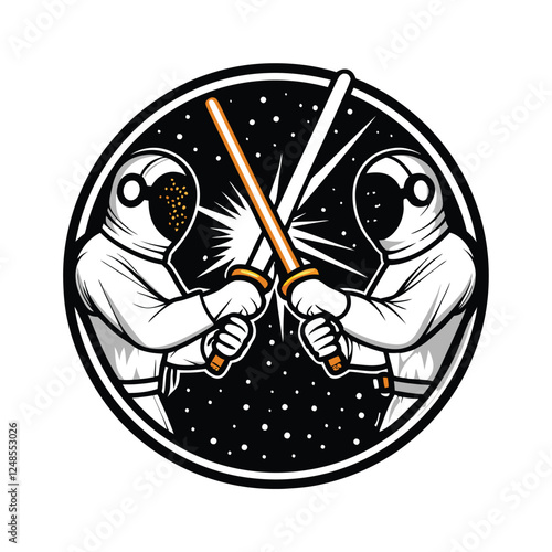 Two athletes, clad in white fencing attire, engage in a dynamic duel, blades clashing;  intense focus and athleticism evident.