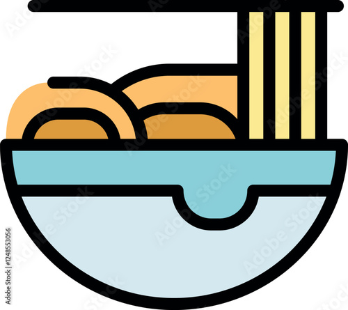 Ramen noodles being lifted from bowl with chopsticks, simple colorful icon