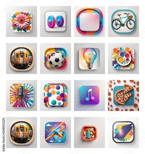 Sixteen app icons display diverse themes: flower, fitness, frame, bicycle, train, soccer, bulb, palette, microphone, bubbles, music, pizza, airplane, lunchbox, abstract.