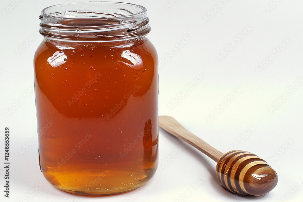 Honey jar with wooden spoon ready for use Honey jar with wooden spoon ready for use