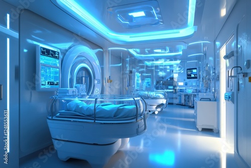 Futuristic neonatal intensive care unit with advanced AI technology. Generative AI photo