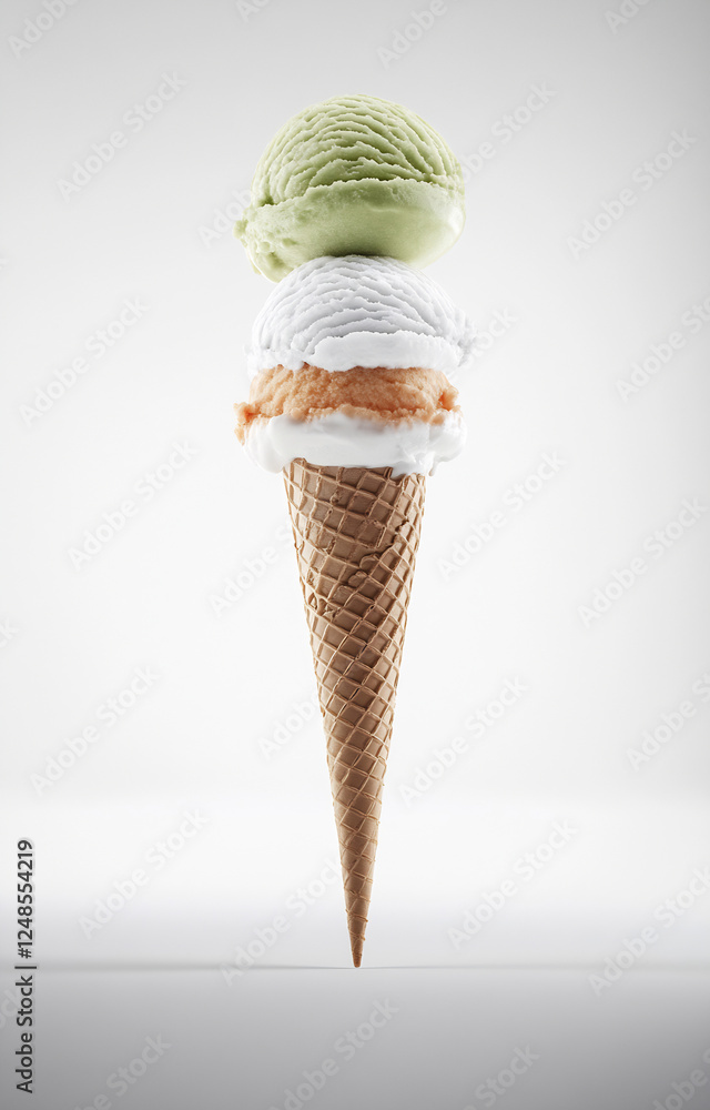 Three scoops of ice cream on cone Three scoops of ice cream on cone