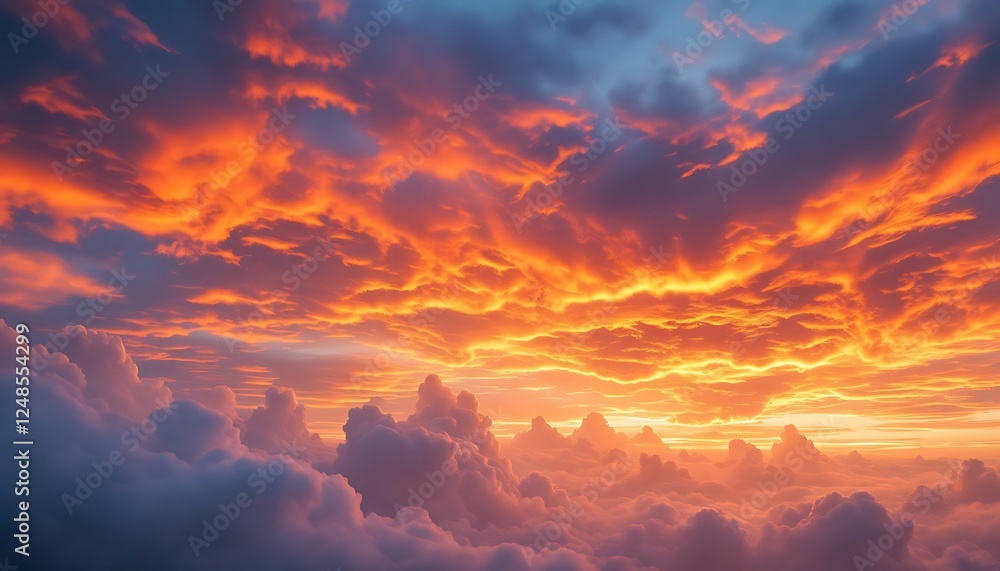 Fototapeta premium Fiery Sunset Cloudscape Above Ocean Clouds Stunning Aerial View