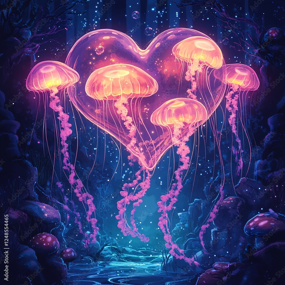 A vector illustration of an underwater kingdom where glowing jellyfish form a heart shape. A vector illustration of an underwater kingdom where glowing jellyfish form a heart shape.