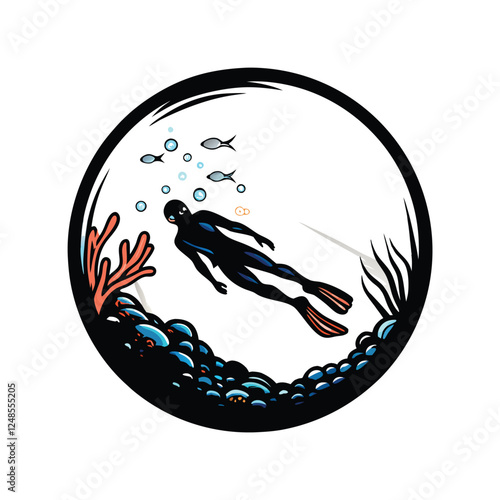 A lone free diver, clad in a dark blue wetsuit, gracefully swims through a deep, dark ocean;  sunlight barely penetrates the surface.