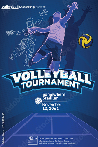 Attractive Volleyball Tournament Poster with illustration of volleyball players doing a smash and attractive tournament logo, and a very attractive, very elegant gold title for a sporty and active.