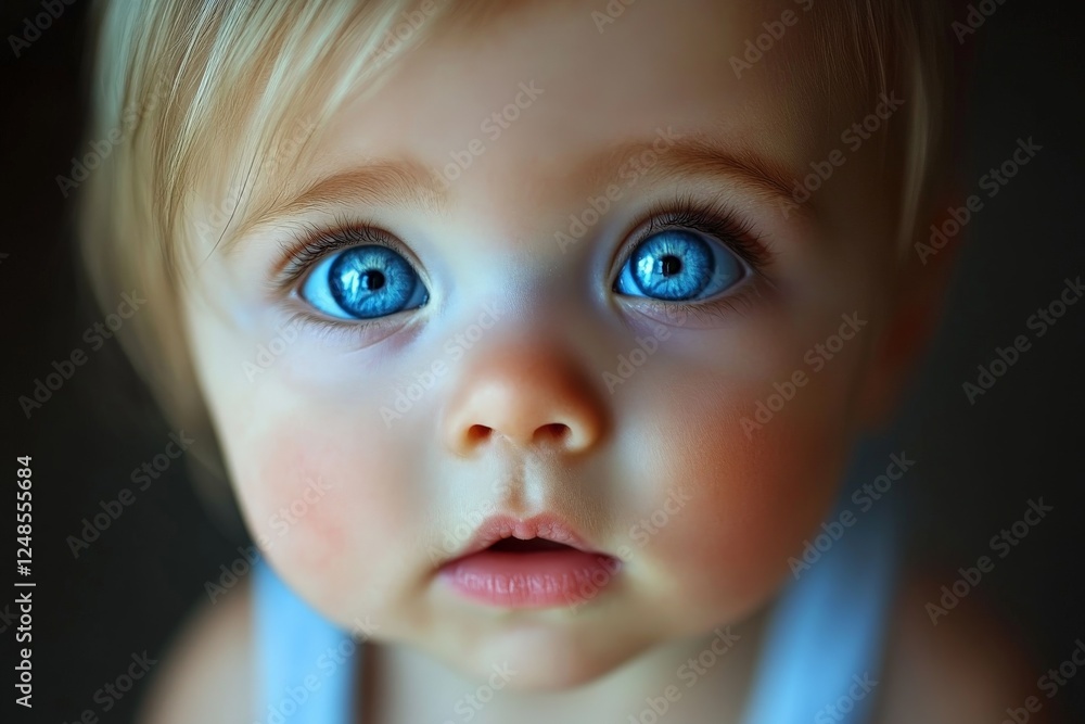 Captivating close-up of a baby with stunning blue eyes looking curiously at the camera indoors Captivating close-up of a baby with stunning blue eyes looking curiously at the camera indoors