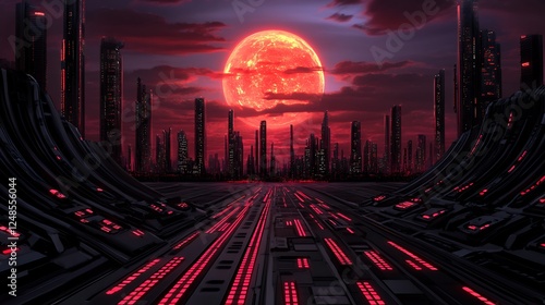Fiery Red Moon Over Futuristic Cityscape