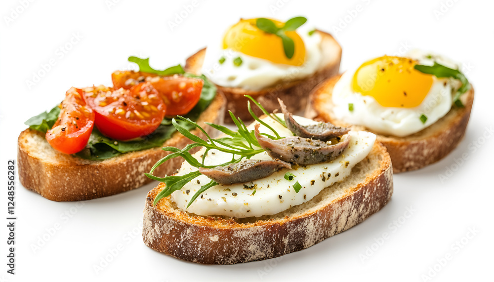 Delicious bruschettas with anchovies, cream cheese, eggs and greens isolated on white Delicious bruschettas with anchovies, cream cheese, eggs and greens isolated on white