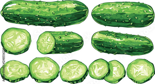 Cucumber set whole and cut in pieces white background isolated vector handdrawn illustration