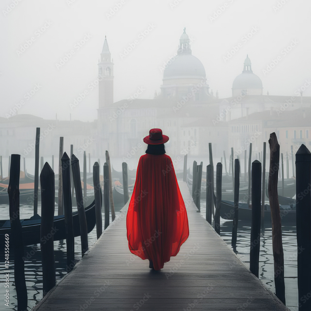 A woman in a head-to-toe red cape walks along a foggy promenade in Venice next to black gondolas