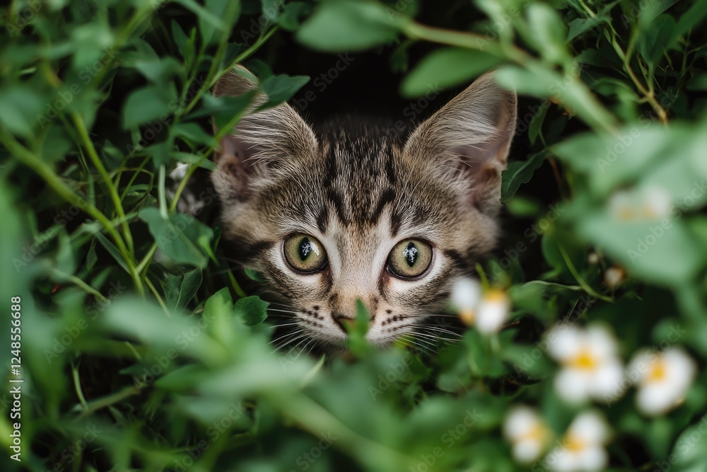 Playful Stray Kitten Peeks Out from Lush Green Bushes on a Sunny Summer Day Playful Stray Kitten Peeks Out from Lush Green Bushes on a Sunny Summer Day