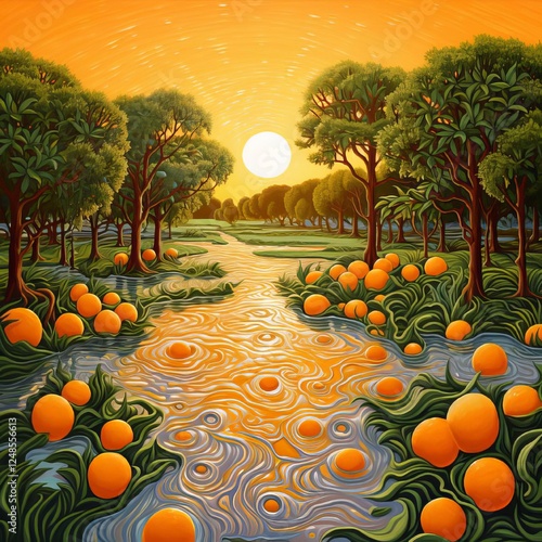 Obraz na płótnie A turbulent orange river of orange juice flows along a green lawn among orange trees with oranges on the branches w salonie