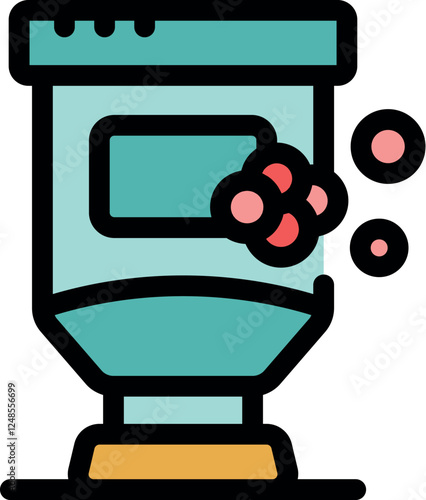 Turquoise tube of exfoliating cosmetic product squeezing out red scrubbing particles for skincare and beauty treatment