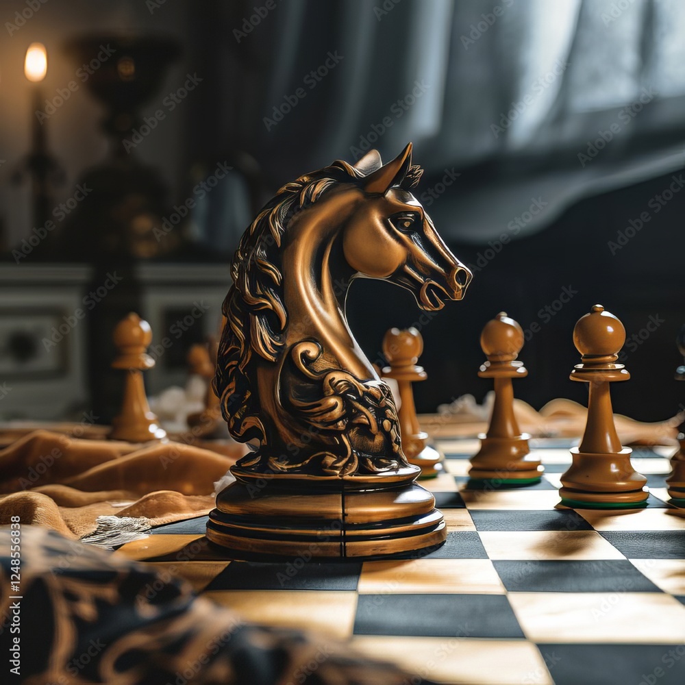A knight chess piece attacking on chessboard in bright room