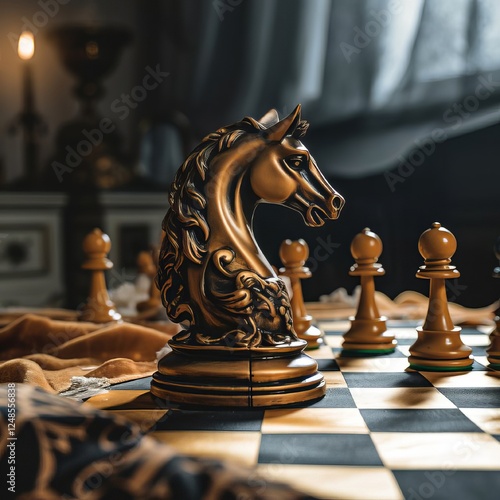Obraz na płótnie A knight chess piece attacking on chessboard in bright room w salonie