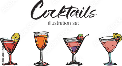 Bar cocktail drinks handdrawn illustration set vector isolated white background. Illustration for a menu 