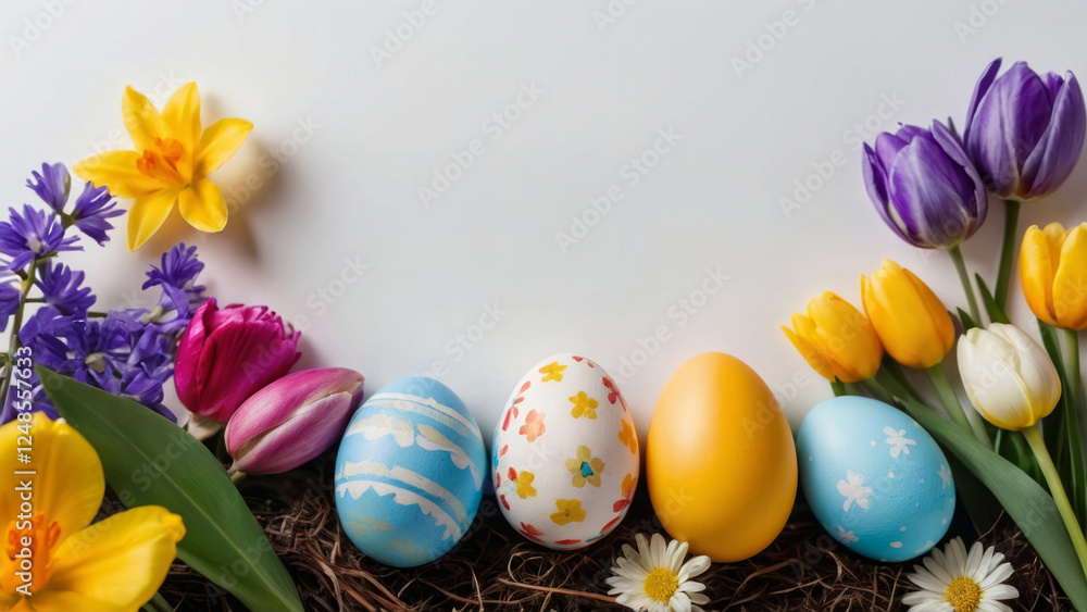 Happy Easter composition for easter design, elegant Easter eggs and nests on white background with flowers. Flat lay, top view, copy space.