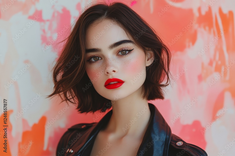 Naklejka premium Vibrant portrait of a model with striking lipstick against a colorful artistic backdrop