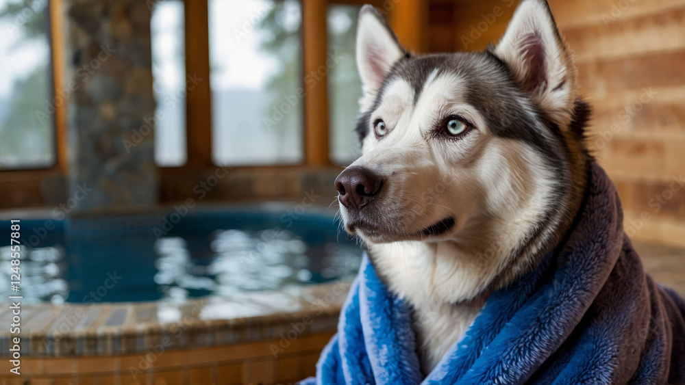 A relaxed husky in a spa robe relaxing and enjoys a spa day. concept of services for dogs and pet care