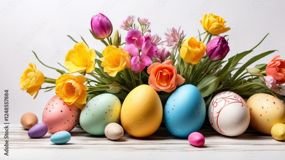 Happy Easter composition for easter design, elegant Easter eggs and nests on white background with flowers. Flat lay
