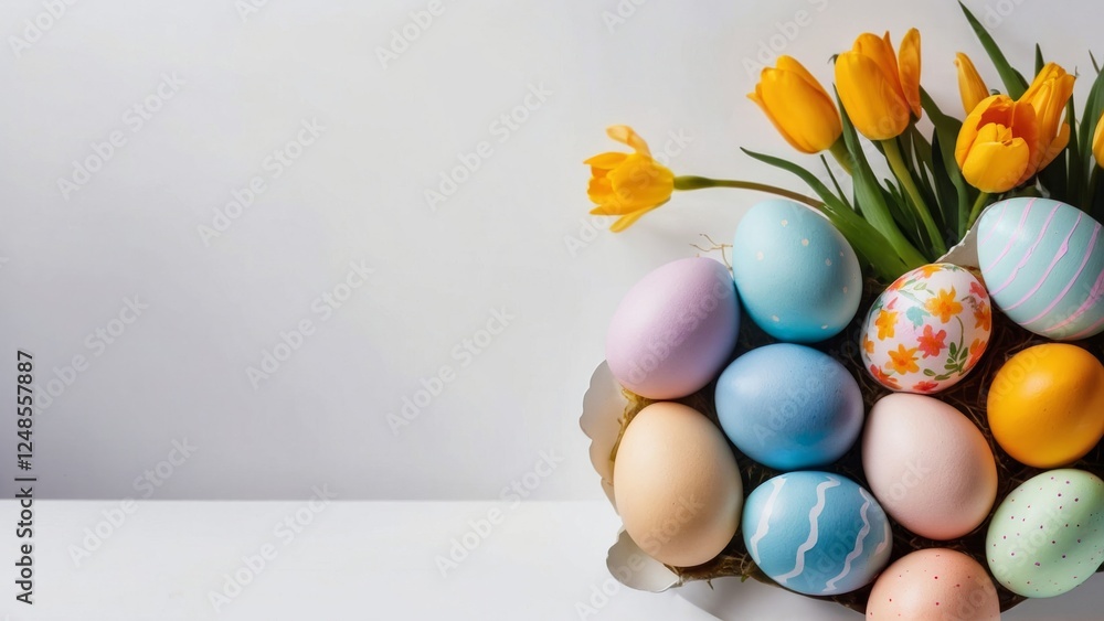 Happy Easter composition for easter design, elegant Easter eggs and nests on white background with flowers. Flat lay, top view, copy space.