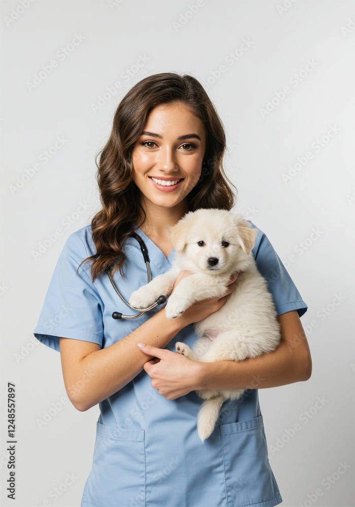 beautiful veterinarian is holding a cute puppy. white background. ai generative beautiful veterinarian is holding a cute puppy. white background. ai generative