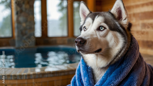 A relaxed husky in a spa robe relaxing and enjoys a spa day. concept of services for dogs and pet care
