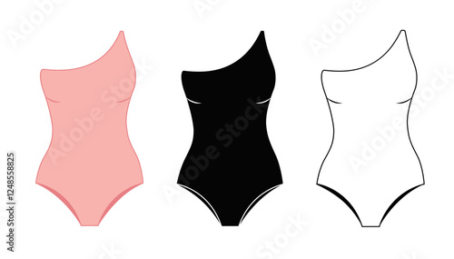 Set of swimsuits isolated on a white background. One-shoulder piece swimwear. Vector icons of black, pink and white swimsuits. Clothes symbol vector illustration