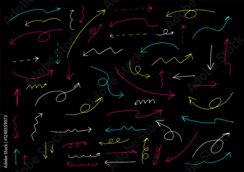 シンプルな手描き矢印の素材セット　ネオン風
