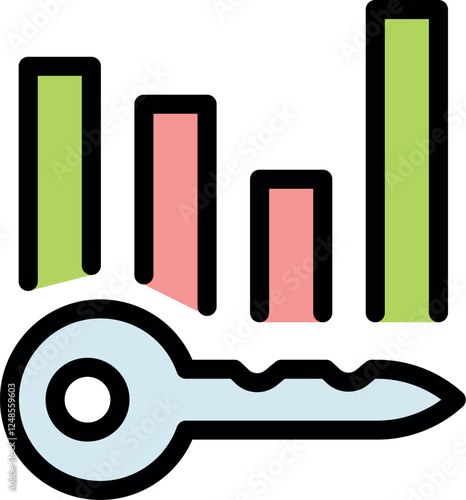 Key placed below a growing bar graph chart symbolizing unlocking business success, achieving goals, and finding solutions