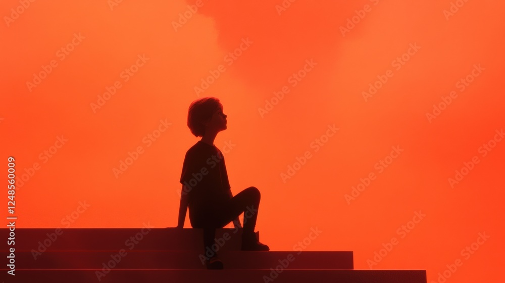 Obraz premium silhouette of a person sitting on steps against an orange background